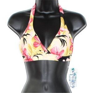 NWT Aqua Couture Womens Bikini Top Floral Black Pink Yellow Size 6 Tie Neck+Back